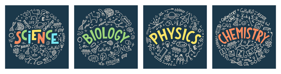 science. biology. physics. chemistry. set from hand drawn doodles with lettering. school subjects ve