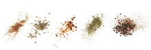 Set Cinnamon Powder, Basil, Ground Dry Chili Pepper, Parsley, Colorful Pepper Grain And Minced, Background, Top View Texture
