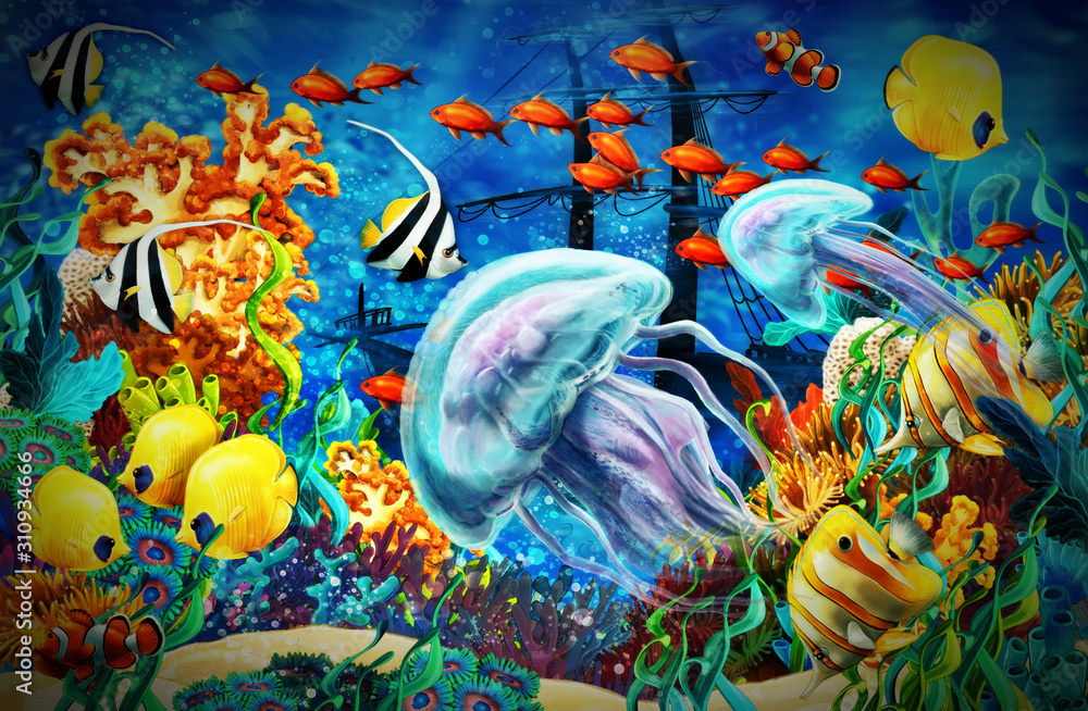 cartoon scene animals swimming on colorful and bright coral reef ...
