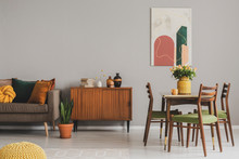 Vintage Cupboard In Grey Elegant Living Room Interior, Copy Space On Empty Wall