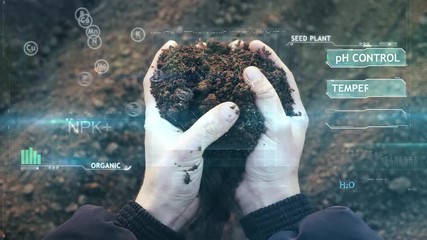 POV view of farmer owner control soil quality before seed plant. Future agriculture concept. Close-up hands with the ground. Smart farming, using modern technologies in agriculture