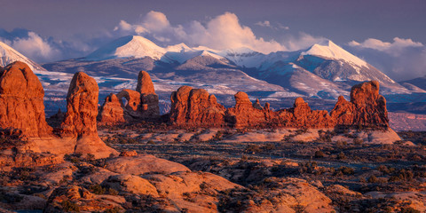 february 15, 2019 - arches national park, utah , usa - arches national park, utah at sunset - lasall