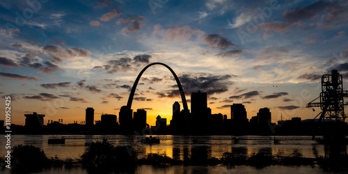 MAY 13 2019, ST LOUIS, MO., USA - St. Louis, Missouri skyline on Mississippi River - shot from East St. Louis, Illinois