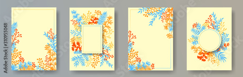 Wild herb twigs, tree branches, leaves floral invitation cards set. Herbal fr...