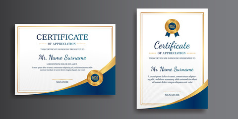 Premium gold and blue certificate of achievement template, clean modern design with gold badge