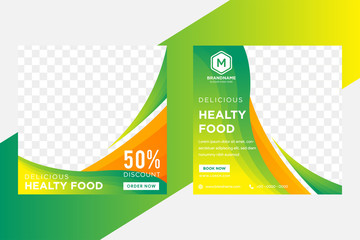 Wall Mural - Editable modern minimal square banner templates. green and orange background color with curve shape. Suitable for social media post and web/internet ads with photo college. delicious healthy food