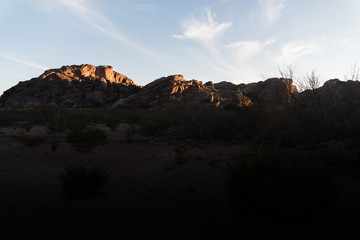 Rocks lit up during sunset at Hueco Tanks, Texas. 