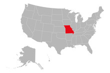 Missouri State Highlighted Red Color On USA Map. Gray Background. USA Political Map.