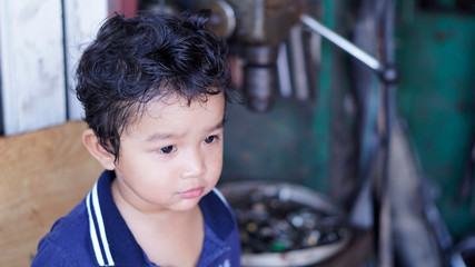 Portrait of cute happy boy close-up of smiley face Little kid 2 year old                                                          