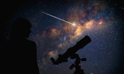 Wall Mural - astronomer with a telescope watching at the stars and moon. my astronomy work.