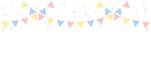 Cute Pastel Colored Triangle Party Buntings With Confetti Border. Baby And Kids Party Decoration. Flat Vector Illustration.
