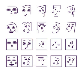 Wall Mural - Set of linear faces and emotions. Flat vector illustration. Icon collection