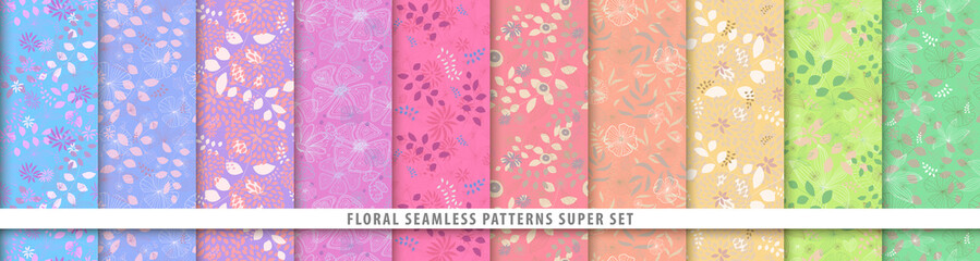 Floral seamless patterns bundle set. Flowers and leaves. Colorful vector background. Fabric and textile print