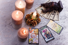 Divination Cards Alignment With Black Buddha Statue, Money Banknotes And Candles. Mystery, Astrology, Fortune Telling, Belief, Prosperity And Wealth Concept.