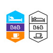 © kilroy79 - Bed and breakfast logo for hotel service or hostel house. Bed with pillow and cup of coffee symbols. Adjustable stroke width.