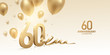 60th Anniversary celebration background. 3D Golden numbers with bent ribbon, confetti and balloons.