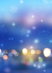 Wall Mural - blurred festive abstract background. blurry bokeh lights, snowflakes, neon glow