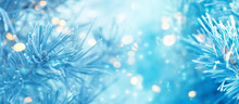 Winter Christmas Background. Blurry Pine Branches Close-up, New Year's Blurry Lights, Snowflakes