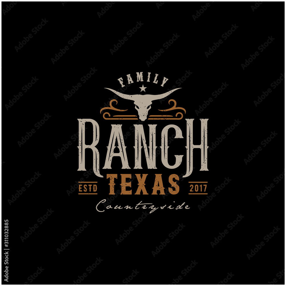 Texas Longhorn, Country Western Bull Cattle Vintage Label Logo Design - obrazy, fototapety, plakaty 
