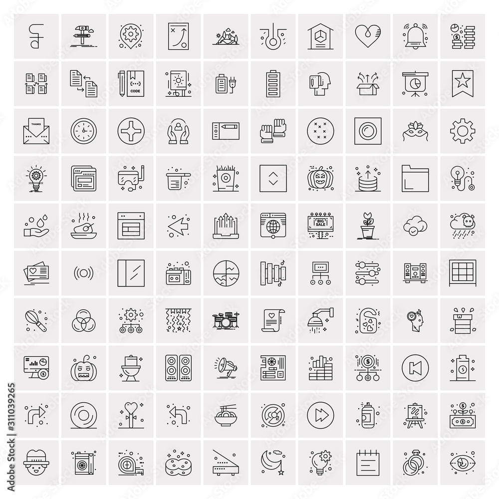 100 Universal Black Line Icons on White Background - obrazy, fototapety, plakaty 