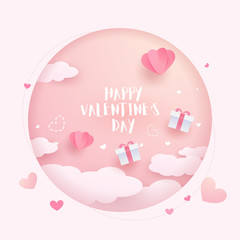 Wall Mural - Happy Valentine's Day card. Lovely valentine heart balloon, clouds and elements. Paper art design.