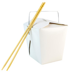 Wall Mural - Isolated carton of Chinese pork fried rice with chopsticks.