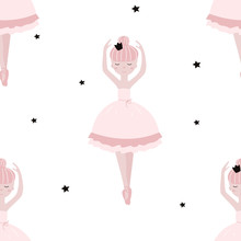 Seamless Pattern With Ballerina And Stars On White Background. Vector Illustration For Printing On Fabric, Postcard, Wrapping Paper, Gift Products, Wallpaper, Clothing. Cute Baby Background For Girls.