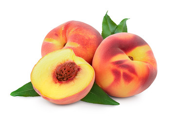 ripe peach fruit and half with leaf isolated on white background