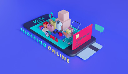 Wall Mural - shopping on-line. online store on website or mobile application. 3d rendering background. digital ma