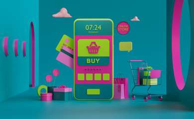 Wall Mural - shopping on-line. online store on website or mobile application. 3d rendering background. digital ma