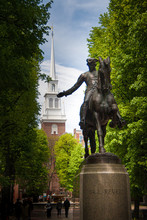 Paul Revere Statue And Old North Church In Boston, Massachusetts.