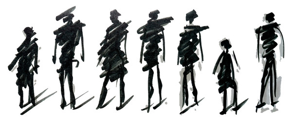 set of pedestrians figure different poses, hand drawn marker sketch. template for drawing аnd scetch
