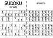 Set of 10 simple sudoku puzzles for beginners. Kids activity work sheet. Black and white printable logical game for children. One of a series.