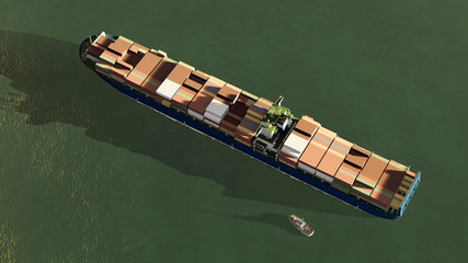 Container Cargo Ship in Ocean, Sea Shipping, 3D Rendering