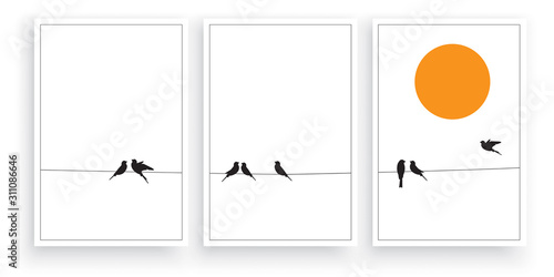 Cuadros en Lienzo Birds silhouettes on wire on sunset / sunrise, vector