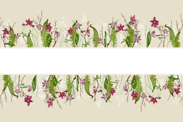 Wall Mural - Adorable springtime background with Fern leaves, checkered lily and aquilegia, can be used as border or label