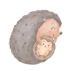 Wall Mural - Cute cartoon hedgehogs. Mother and baby animals