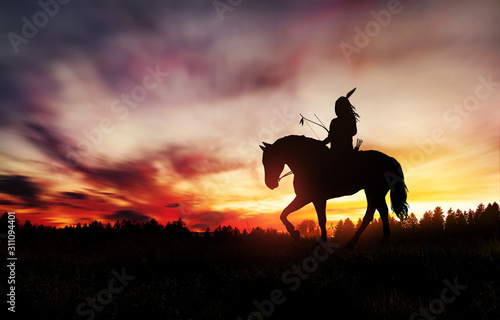 Cuadros en Lienzo Indian of America on horseback at sunset