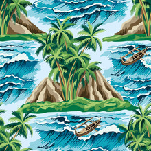 Hawaiian Vintage Island, Palm Tree, Boat And Sea Waves Summer Floral Seamless Pattern.Exotic Jungle Wallpaper.