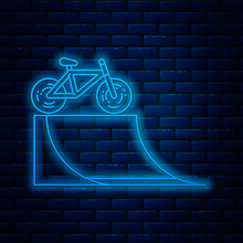 Glowing Neon Line Bicycle On Street Ramp Icon Isolated On Brick Wall Background. Skate Park. Extreme Sport. Sport Equipment. Vector Illustration