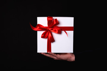 Wall Mural - Hands holding beautiful gift box, female giving gift, Christmas holidays and greeting season concept, shallow dof.