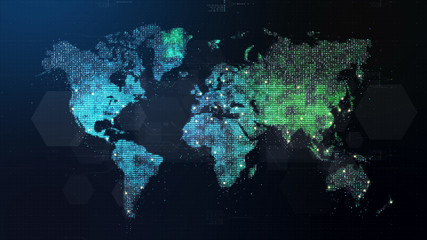 Poster - Futuristic global 5G worldwide communication via broadband internet connections between cities around the world with matrix particles continent map for head up display background