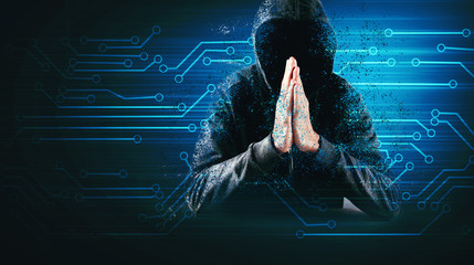 Cybersecurity, computer hacker with hoodie