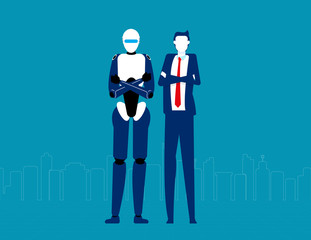 Wall Mural - Humanoid robot and businessman. Futuristic cartoon character design. Flat vector illustration style