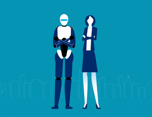 Wall Mural - Humanoid robot and businessman. Futuristic cartoon character design. Flat vector illustration style