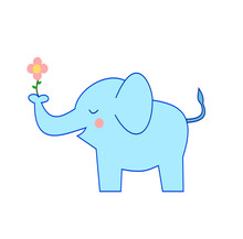 The Blue Elephant Holding And Giving Pink Flower Isolated On White Background, Symbol Of Congratulation, Cartoons And Graphics For  Love And Valentine's Day