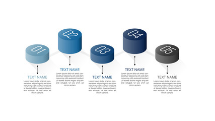 Wall Mural - Business process chart infographics with 5 step segments. Isometric 3d corporate timeline infograph elements. Company presentation slide template. Modern vector info graphic layout design.