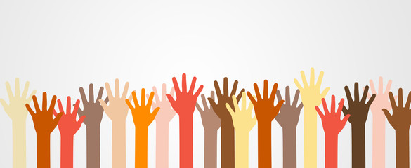 group of raised up colorful hands different skin color tone of many people, teamwork, diversity peop