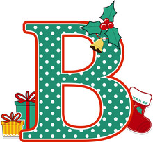 Capital Letter B With Polka Dots Pattern And Christmas Design Elements Isolated On White Background. Can Be Used For Holiday Season Card, Nursery Decoration Or Christmas Celebration Invitation