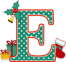 Capital Letter E With Polka Dots Pattern And Christmas Design Elements Isolated On White Background. Can Be Used For Holiday Season Card, Nursery Decoration Or Christmas Celebration Invitation